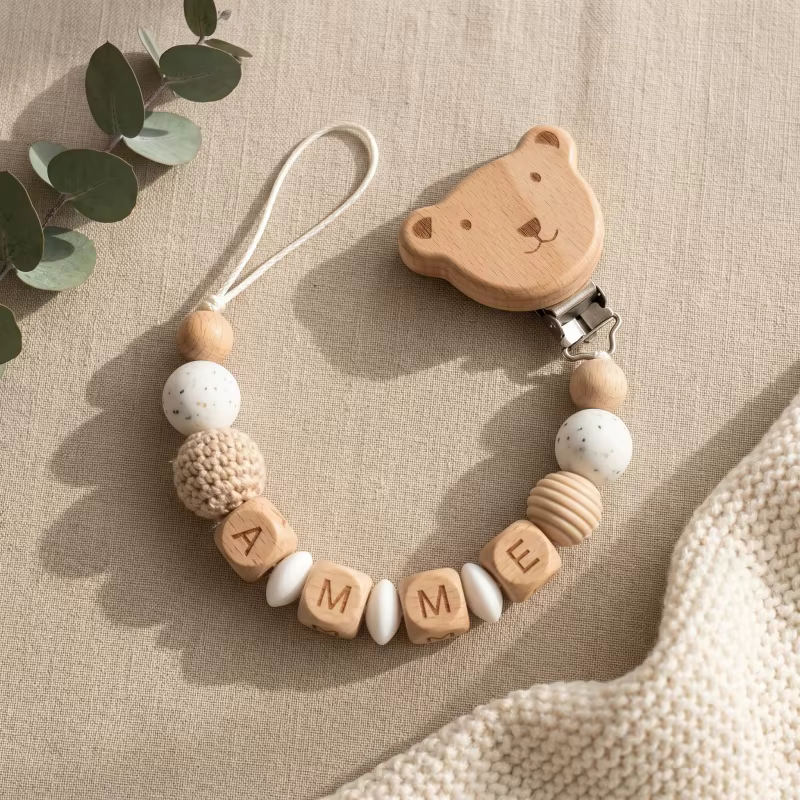 Attache-tétine personnalisée avec nom, perles en silicone et bois, chaîne de dentition pour bébé, su