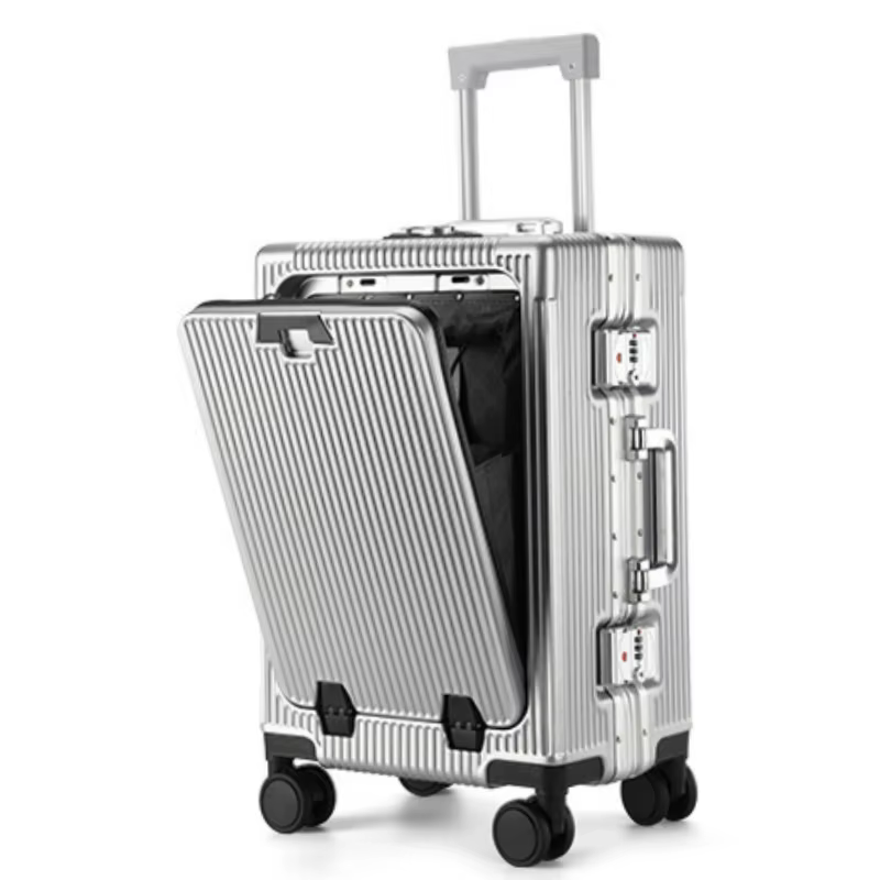 Valise de poche à ouverture avant, cadre en alliage d'aluminium, bagages roulants avec prise de char
