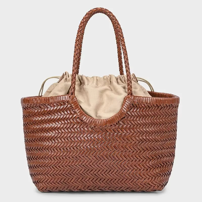Sac fourre-tout tissé à la main de marque, grand panier à légumes en cuir véritable français avec po