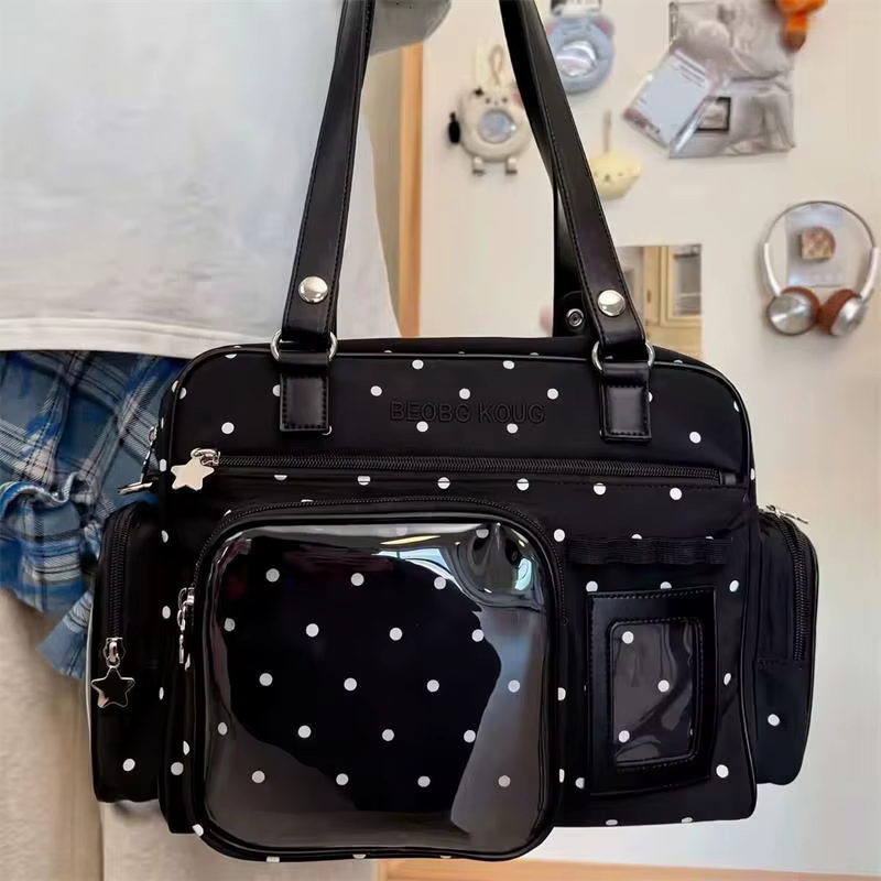 Sac à pois pour femme avec fenêtre transparente, multi-poches, porte-cartes photo Kawaii, sac à main