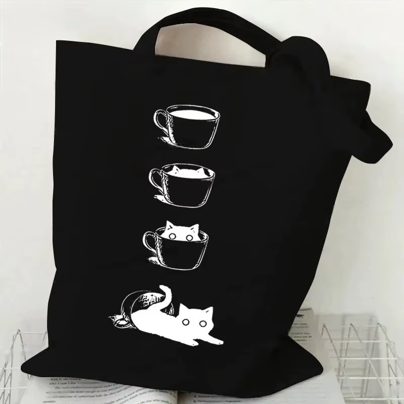 Sac fourre-tout en toile imprimé chat noir et blanc, grande capacité, sac à bandoulière de dessin an