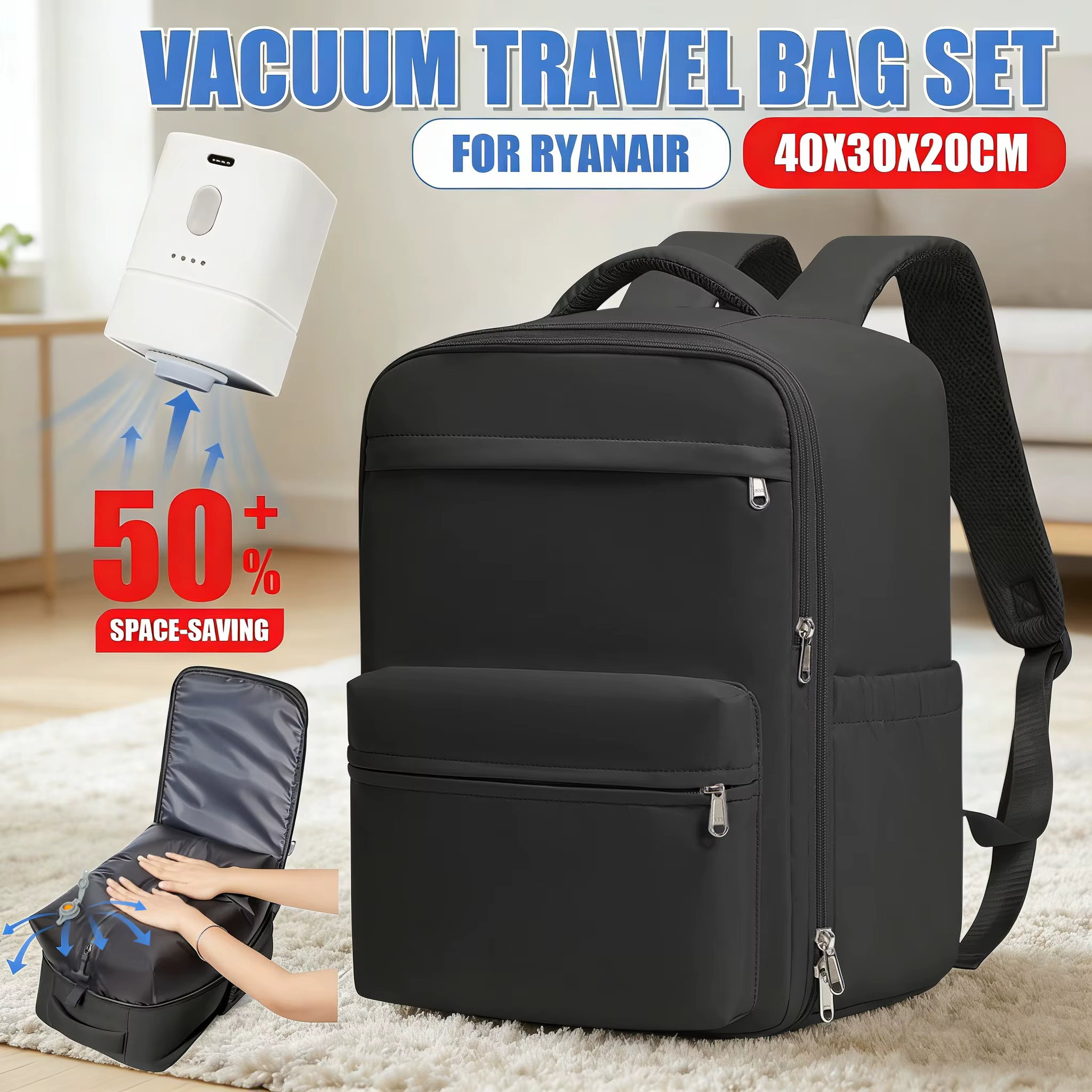 Sac à dos de voyage Ryanair 40x30x20, sac à dos à compression sous vide avec pompe à vide, sac de ca