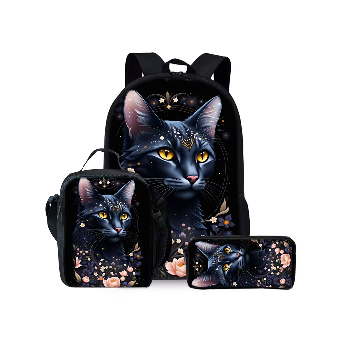 Ensemble de sacs à dos trois pièces imprimé chat noir floral pour garçons et filles, meilleurs cadea