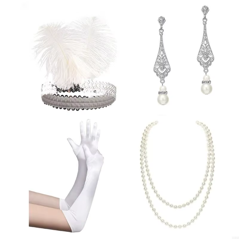 39BB 1920S Accessoires costume Gatsby plumes boucles bande Gants Gants Collier