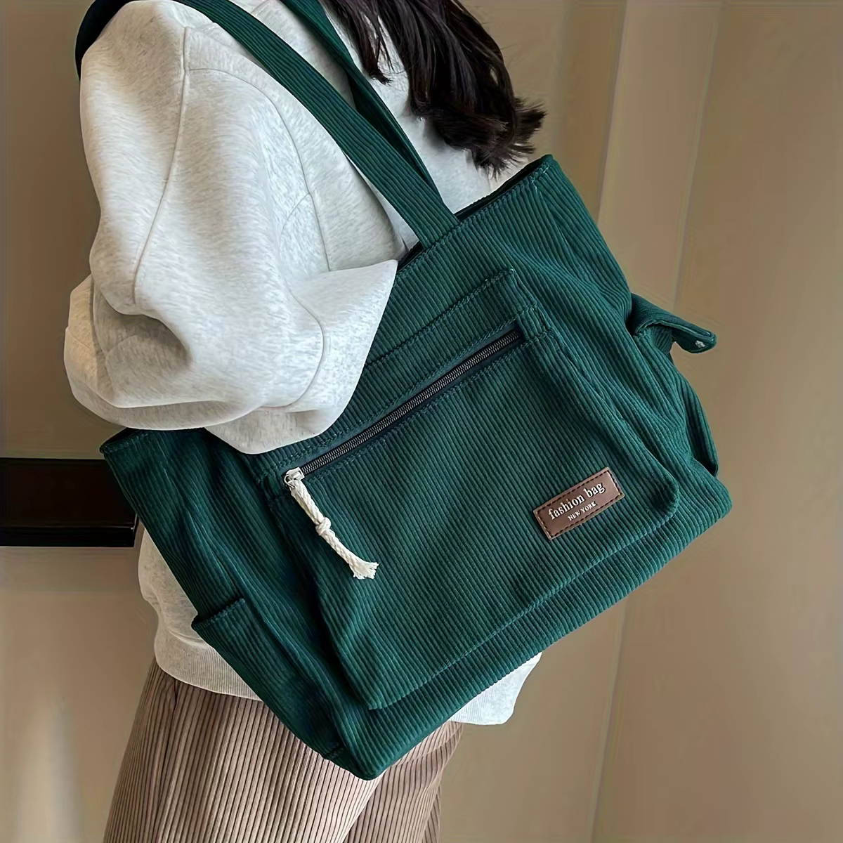Sac fourre-tout Simple en velours côtelé, sac à bandoulière de couleur unie, sac à main rétro multi-