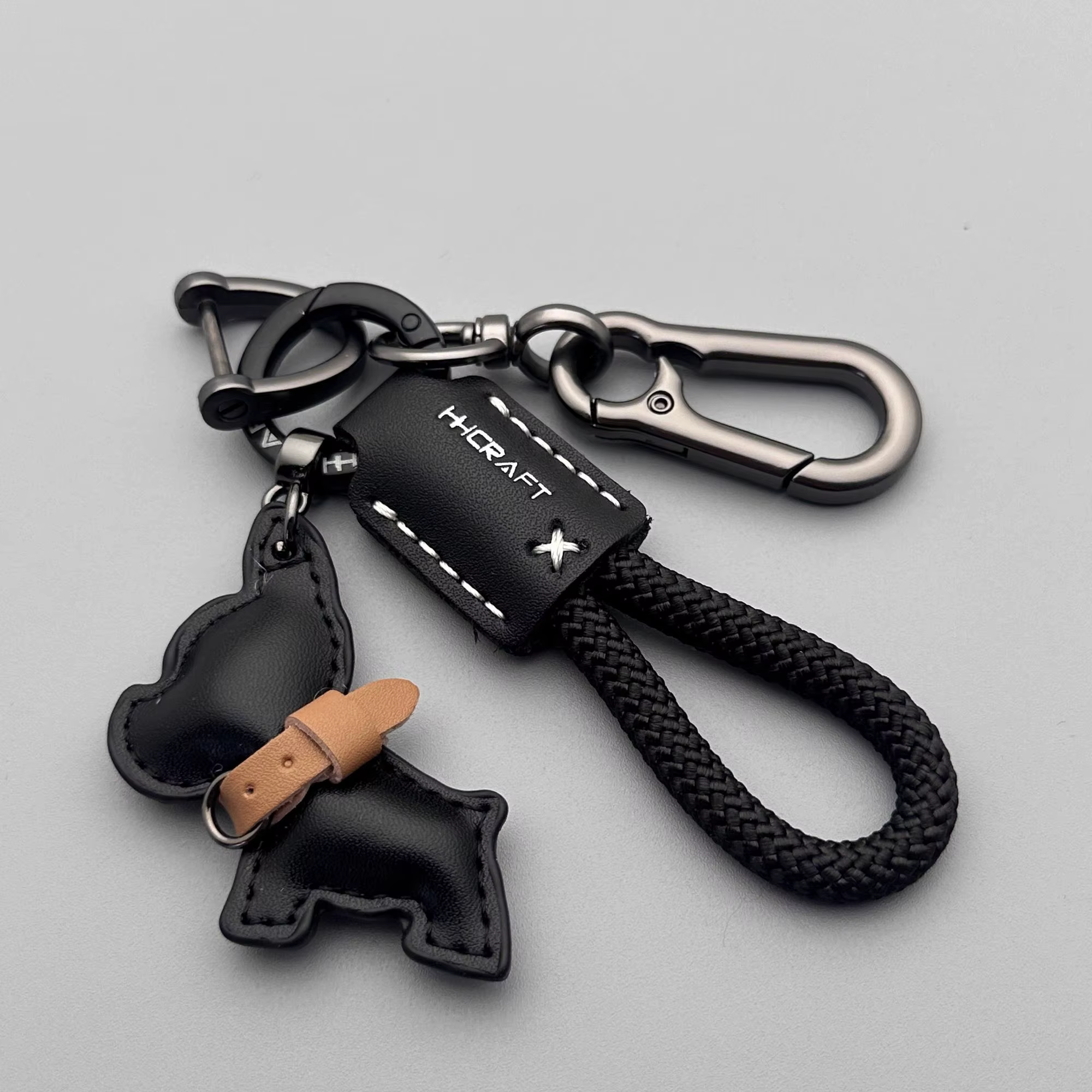 Porte-clés bouledogue français en cuir véritable fait à la main, porte-clés en corde tressée avec sa