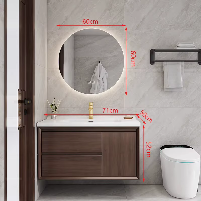 Armoire de salle de bain sur pied rétro, miroir en bois de chêne intégré, meuble de rangement, vanit