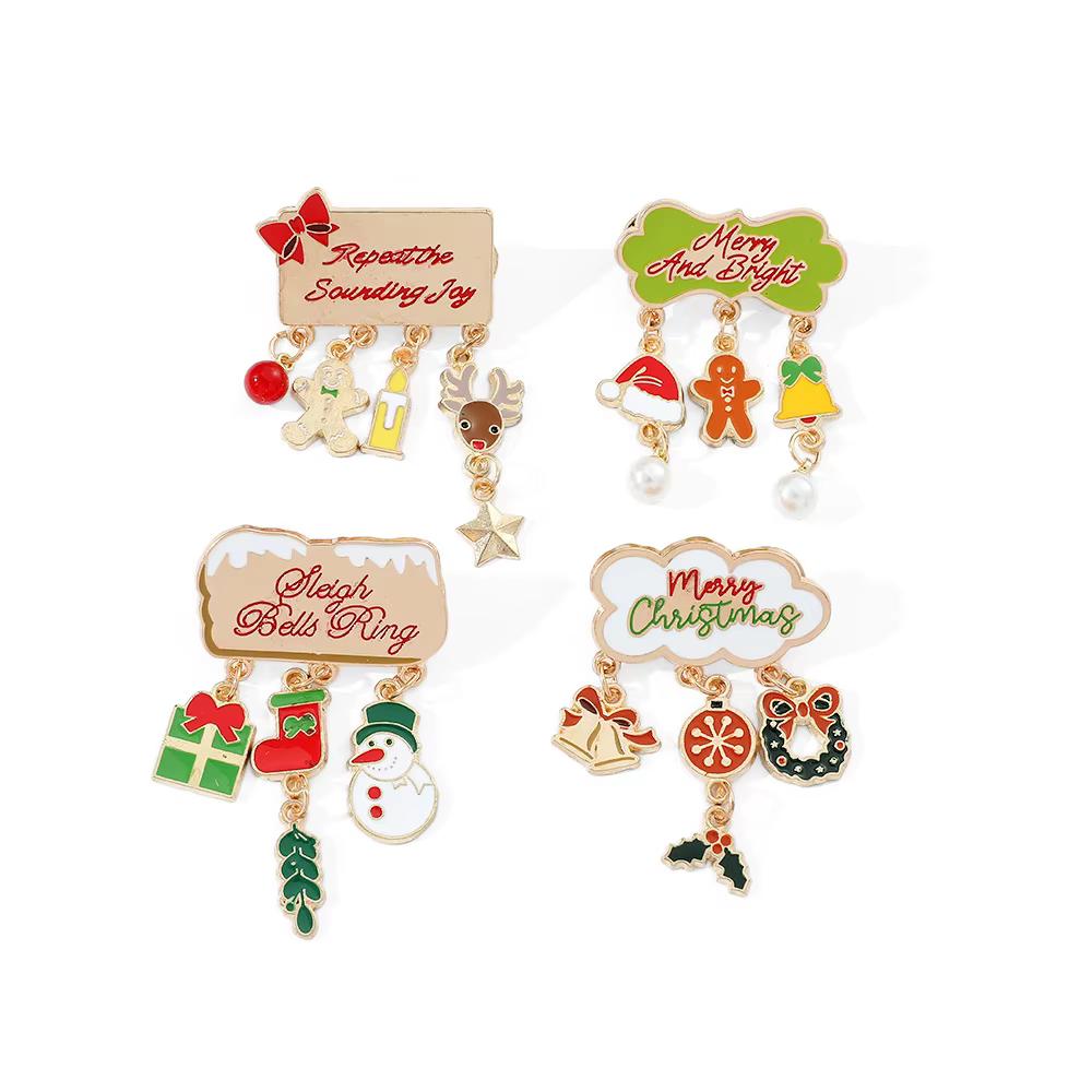 1 ensemble de broches à thème de Noël, cloche de Noël, chapeau de Noël, bonhomme de neige, badge en 