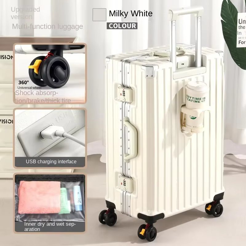 Valise multifonction avec frein sur les roues, chargement USB, cadre en aluminium, valise de cabine 