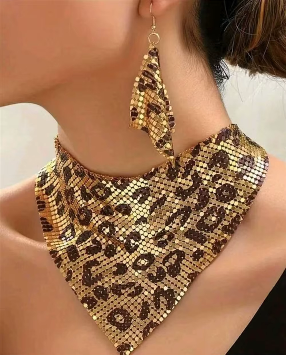 Ensemble de bijoux imprimé léopard à la mode, collier bavoir Sexy et boucles d'oreilles pendantes, D