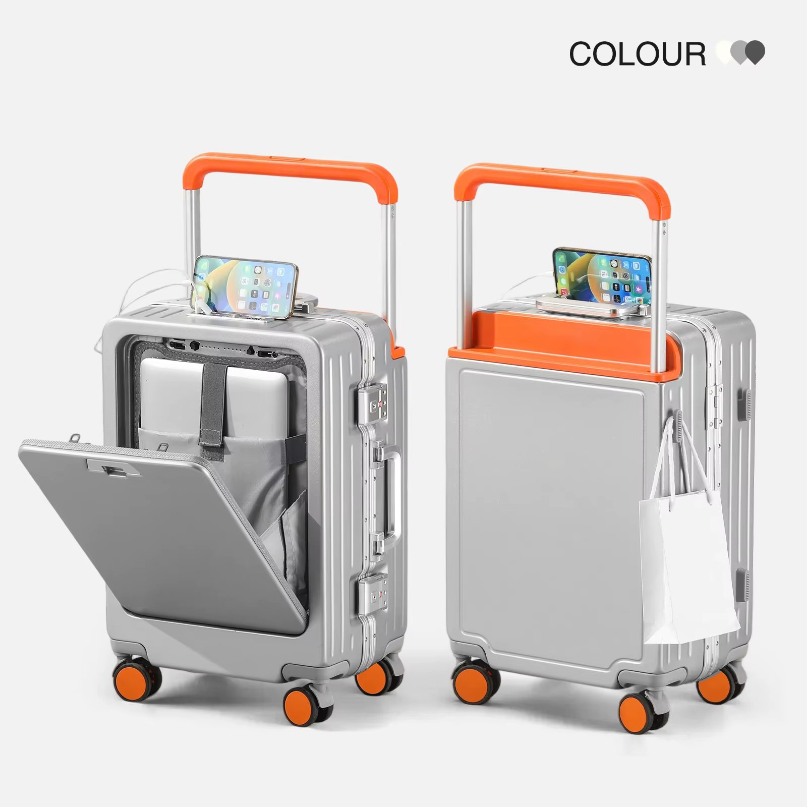 Valise cabine à ouverture frontale avec roulettes pivotantes, fonction de chargement, cadre en alumi