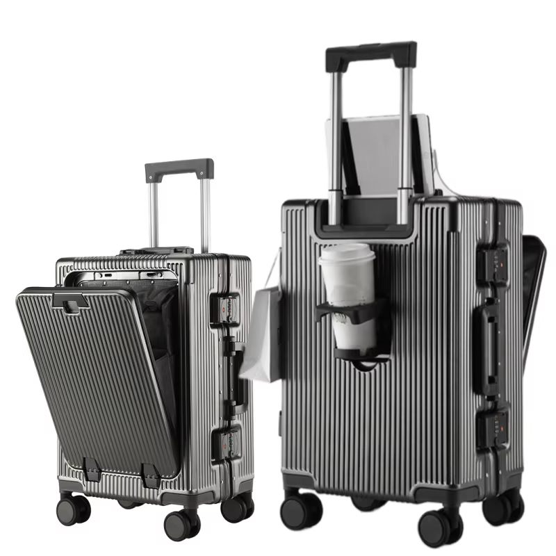 Valise à cadre en alliage d'aluminium, poche d'ouverture avant avec prise de chargement USB, sac de