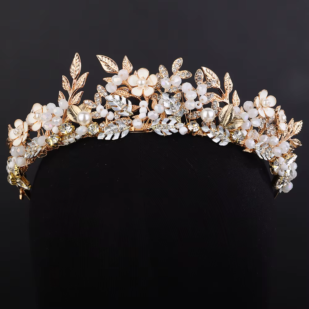 Accessoires de cheveux de mariée faits à la main, couronne de fleurs de mariée en or, bijoux de tête