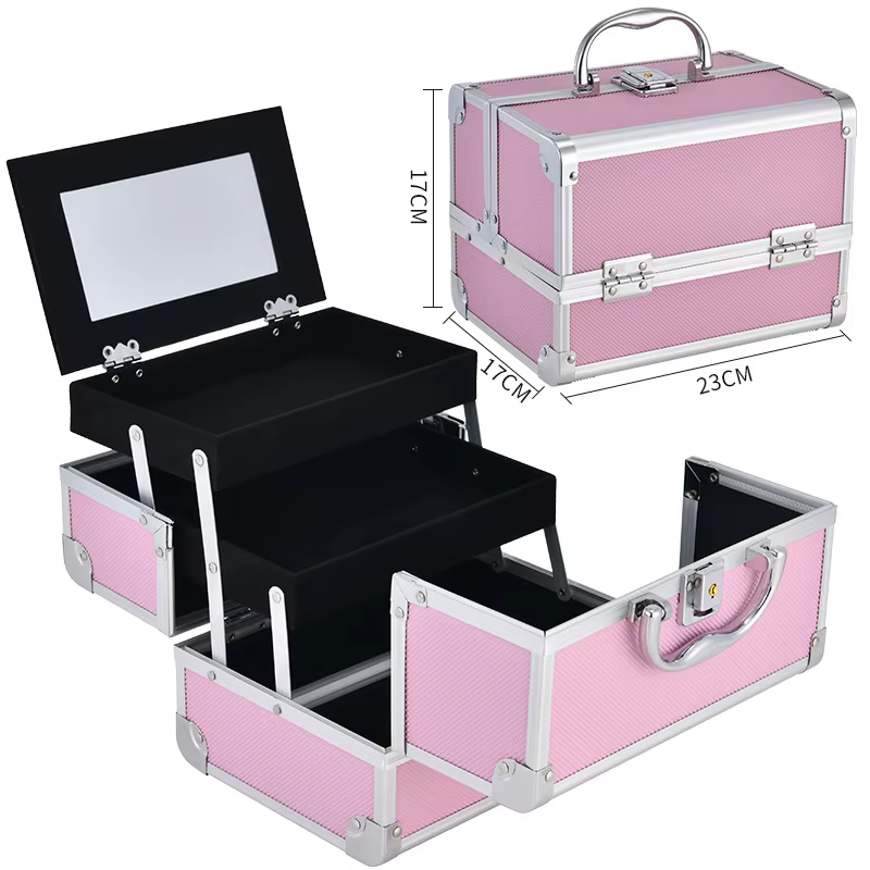 Trousse de maquillage boîte de rangement portative en alliage d'aluminium grande capacité avec miroi