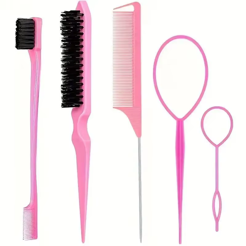 Lot de 5 outils de coiffure : Peigne à queue de rat, Brosse à sourcils double embout, Brosse à cheve