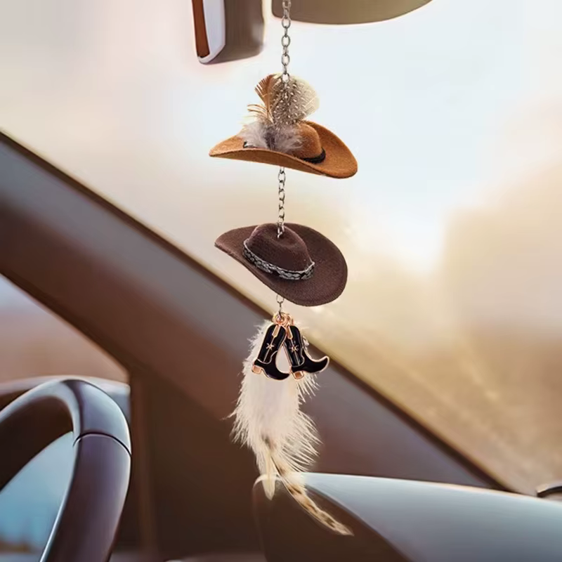 Accessoires de décoration de voiture mignons, chapeau de Cowboy occidental, pendentif de rétroviseur