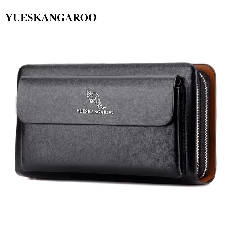 KANGAROO marque hommes pochette mode cuir Long sac à main Double fermeture éclair portefeuille d'affaires noir marron mâle décontracté sac pratique