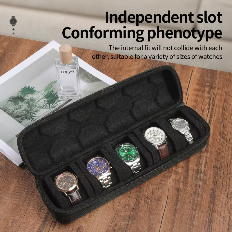 Étui de voyage pour montre à 5 fentes, organisateur de rangement de protection à coque rigide Durable avec oreiller en mousse souple et poignée ergonomique