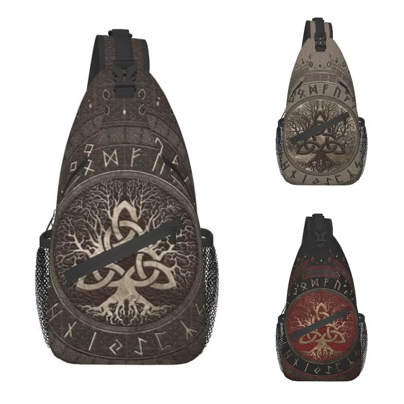 Sac à dos à bandoulière en cuir marron arbre de vie avec Triquetra pour hommes