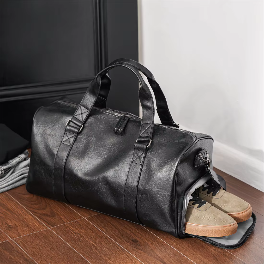 Sac de voyage en cuir pour homme avec compartiment à chaussures