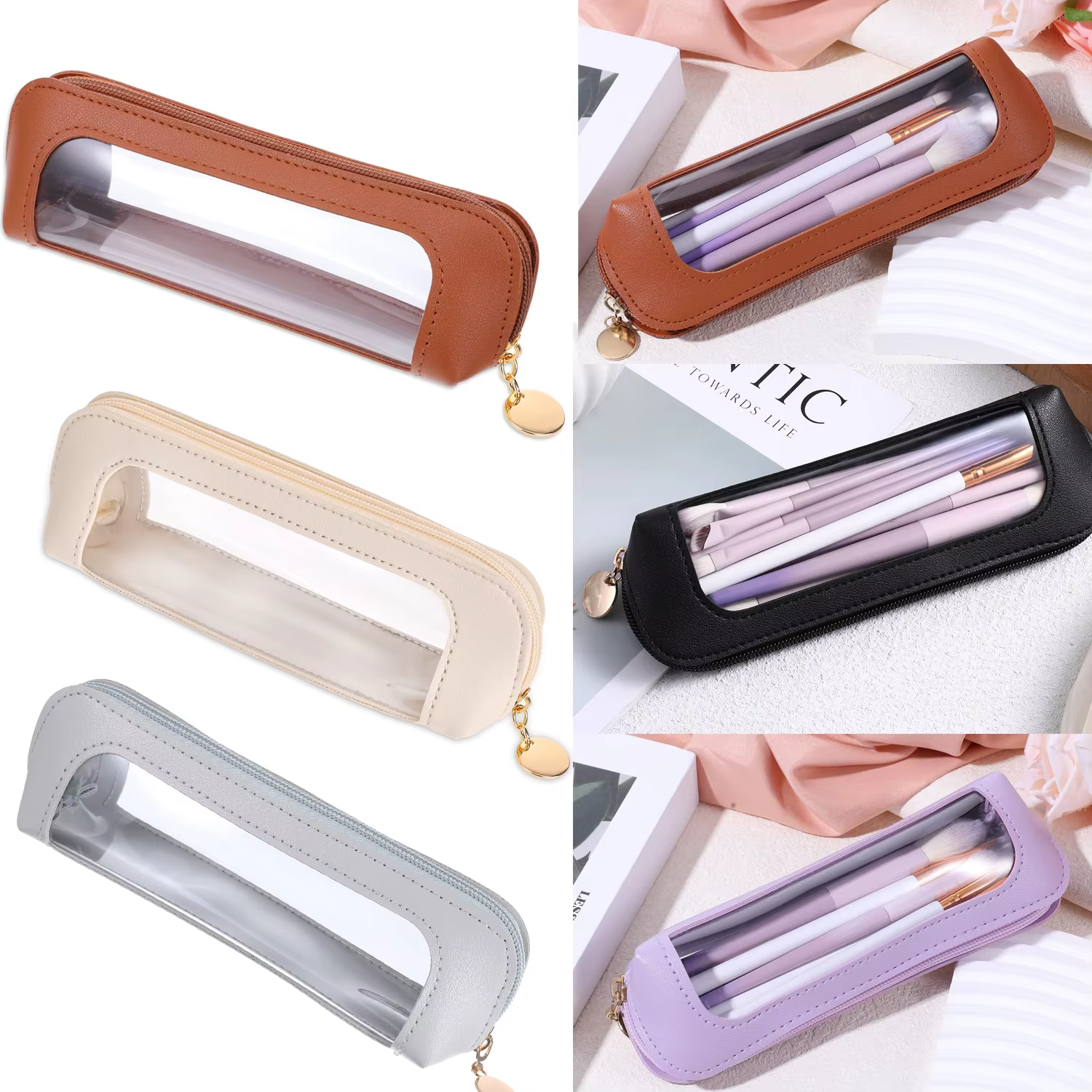 Petite pochette de maquillage transparente, sac de brosse de maquillage en cuir PU, pochette de rangement avec fermeture éclair pour femmes, maison, voyage, bureau, rangement de cosmétiques