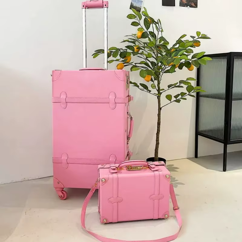 Valise à roulettes en cuir PU rétro pour filles