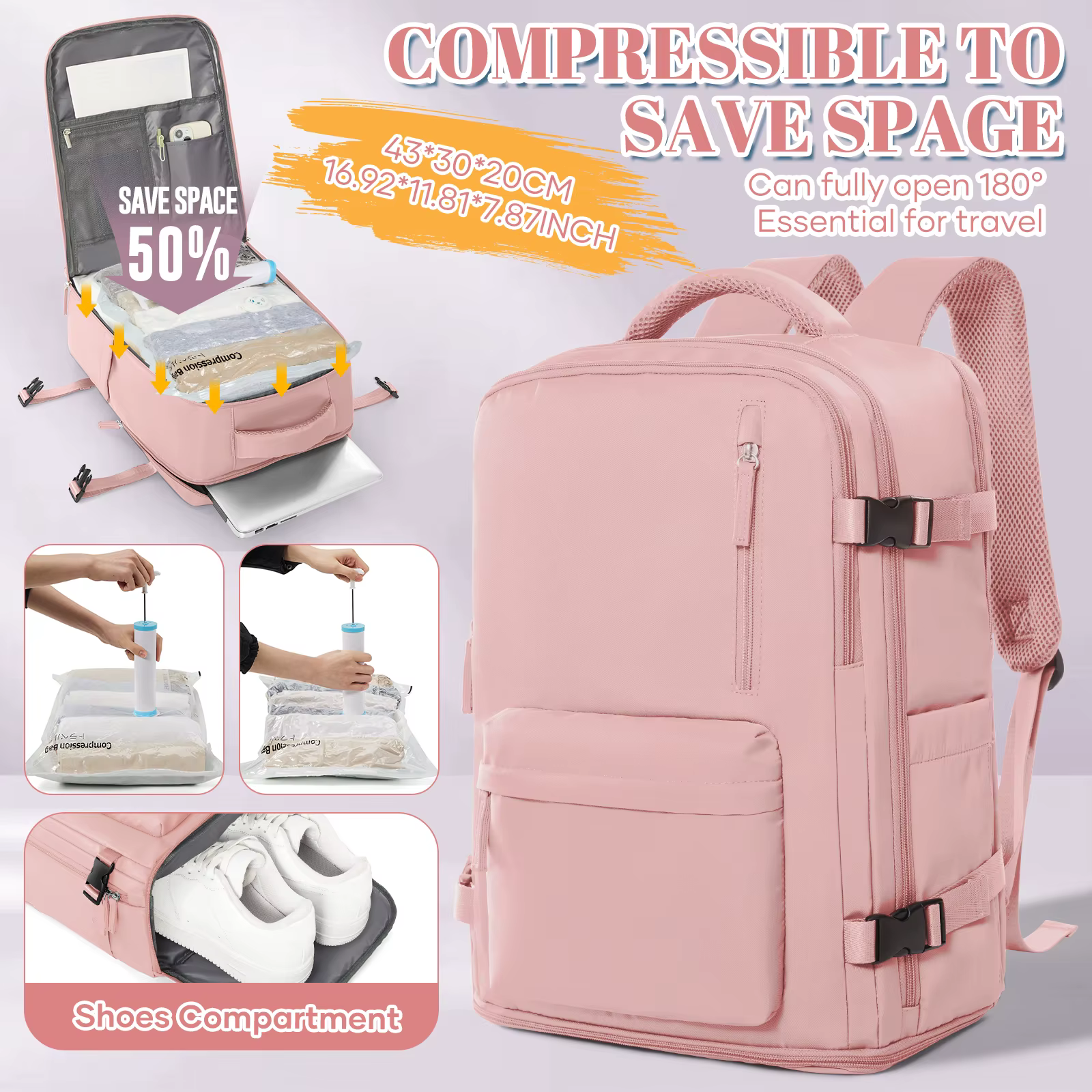 Lot de 3 sacs à dos de cabine Ryanair 40x30x20cm avec pompe manuelle et compression sous vide - Sac de voyage en nylon durable pour les courts séjours