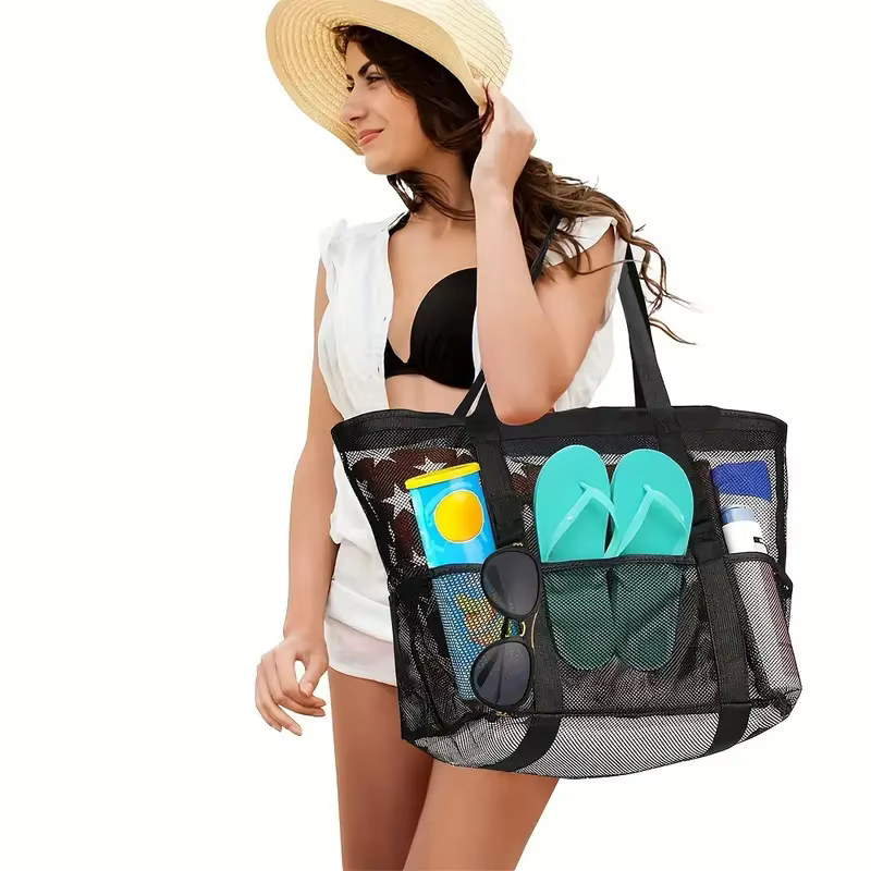 Sac fourre-tout de plage en maille de grande capacité