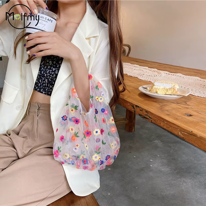 InjMesh-Sac fourre-tout brodé de fleurs pour femmes
