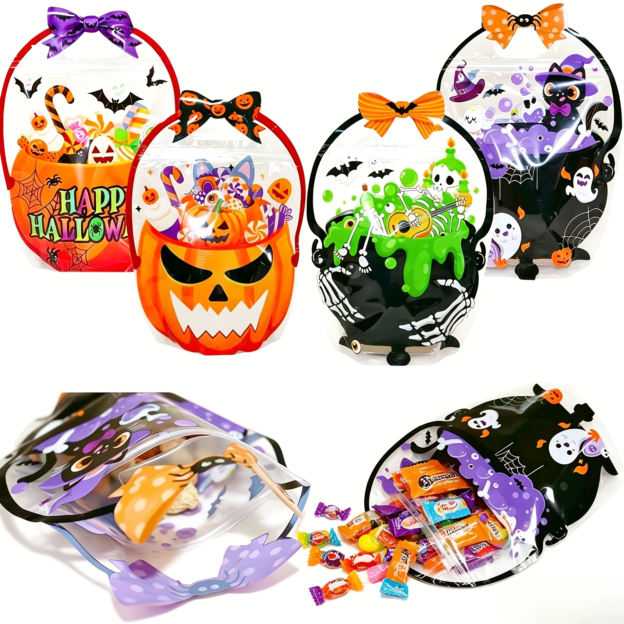 Sacs à bonbons d'Halloween auto-adhésifs (4/8/12 pièces) – Adorables motifs fantômes et citrouilles pour fêtes
