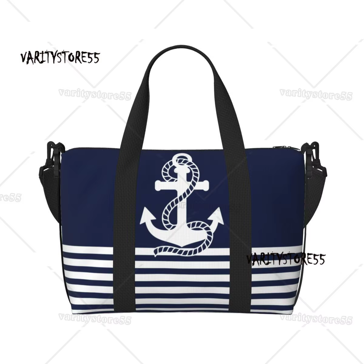 Sac fourre-tout de plage personnalisé à rayures bleu marine et ancre blanche pour femmes