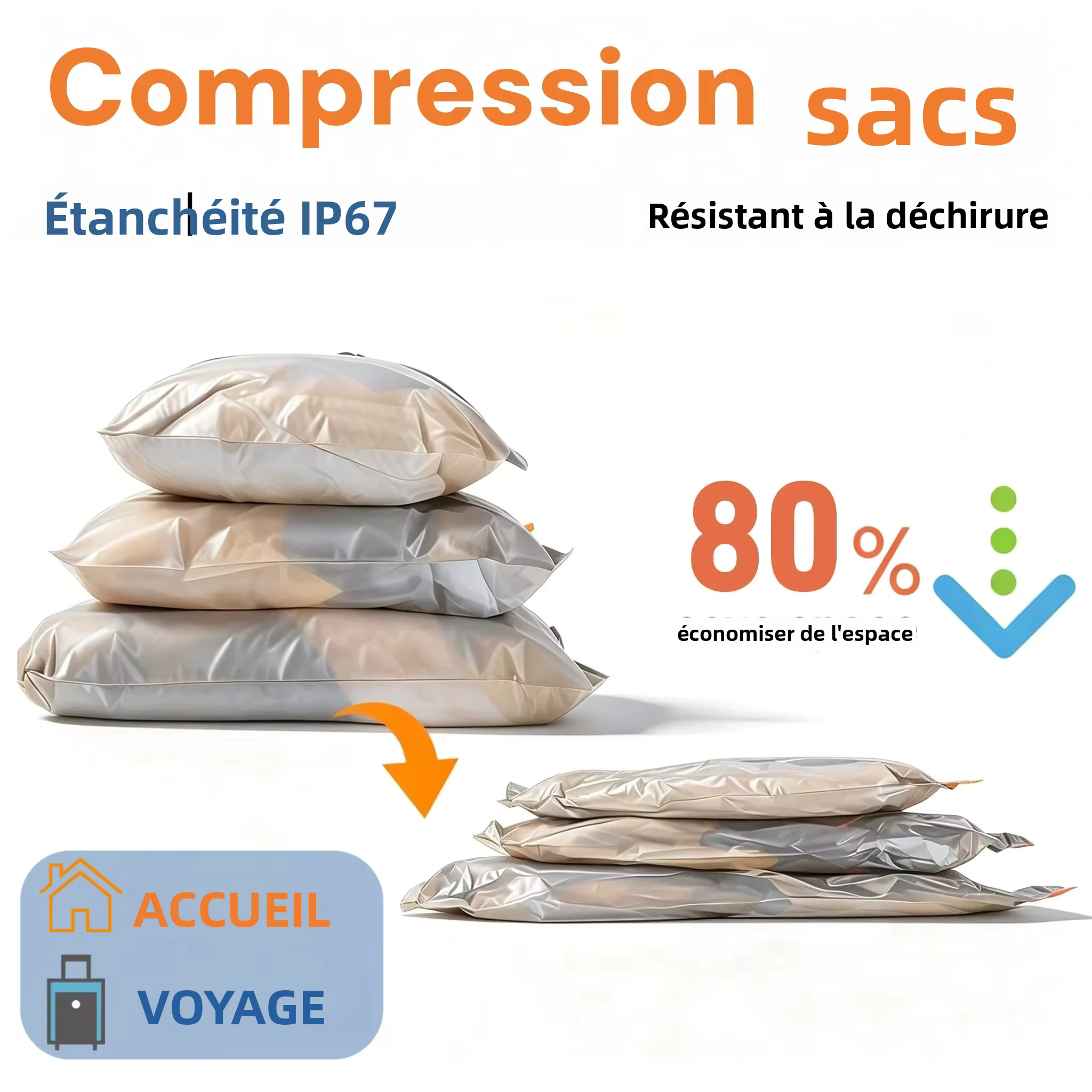 Sacs de Compression sous Vide Voyage Imperméables Rouleau Main Sans Pompe 80% Gain de Place Organisateur Valise Bagage PEVA Réutilisable Haute Qualité Protection Contre l'Humidité et Poussière Rangeme