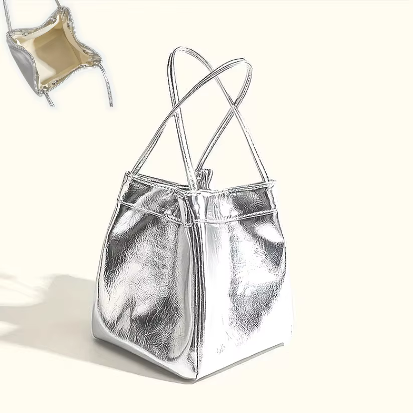 Mini sac seau argenté scintillant à cordon